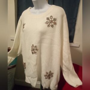 dressbarn Cream Crew Neck Sweater with Cozy Knit and Snowflake Pattern